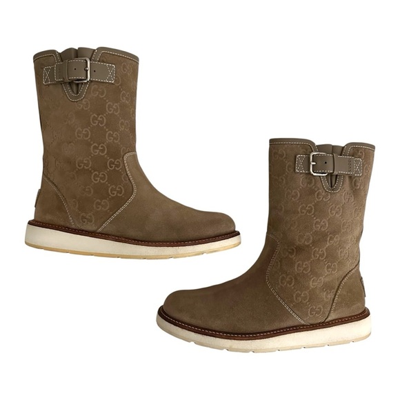 Gucci Beige Guccissima Taupe Suede Quercy Flat Buckle Boots Size 36.5 | US 6.5 - Picture 4 of 16